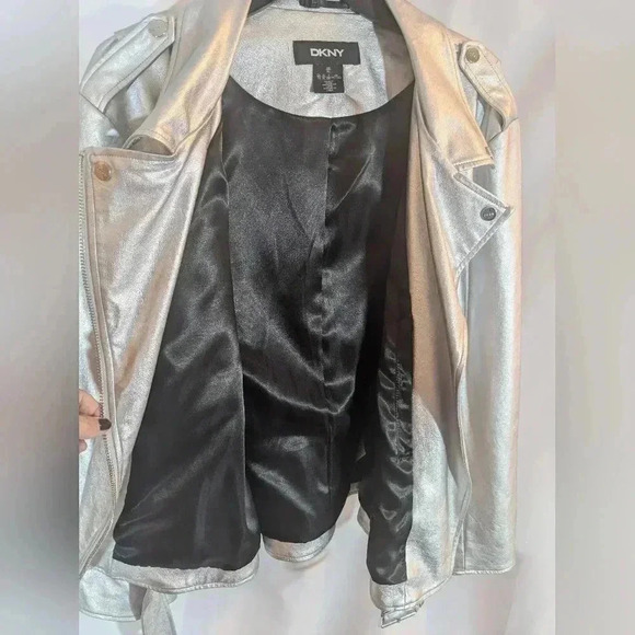 DKNY Metallic Silver Moto Style Faux Leather Jacket SZ XL - Picture 6 of 8